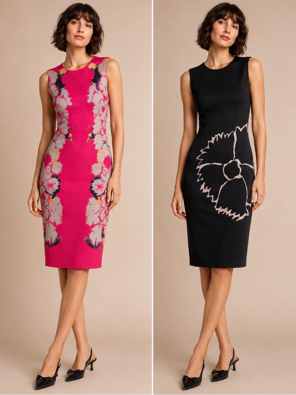 ANIMAPOP Reversible Italian Floral Neoprene Midi Sheath Dress Pink Black S